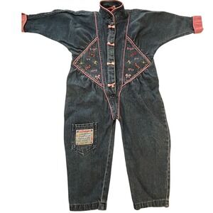 VTG Popsicle Girls Denim Romper 3T Sugar & Spice Pink Embroidery Jumpsuit 80's